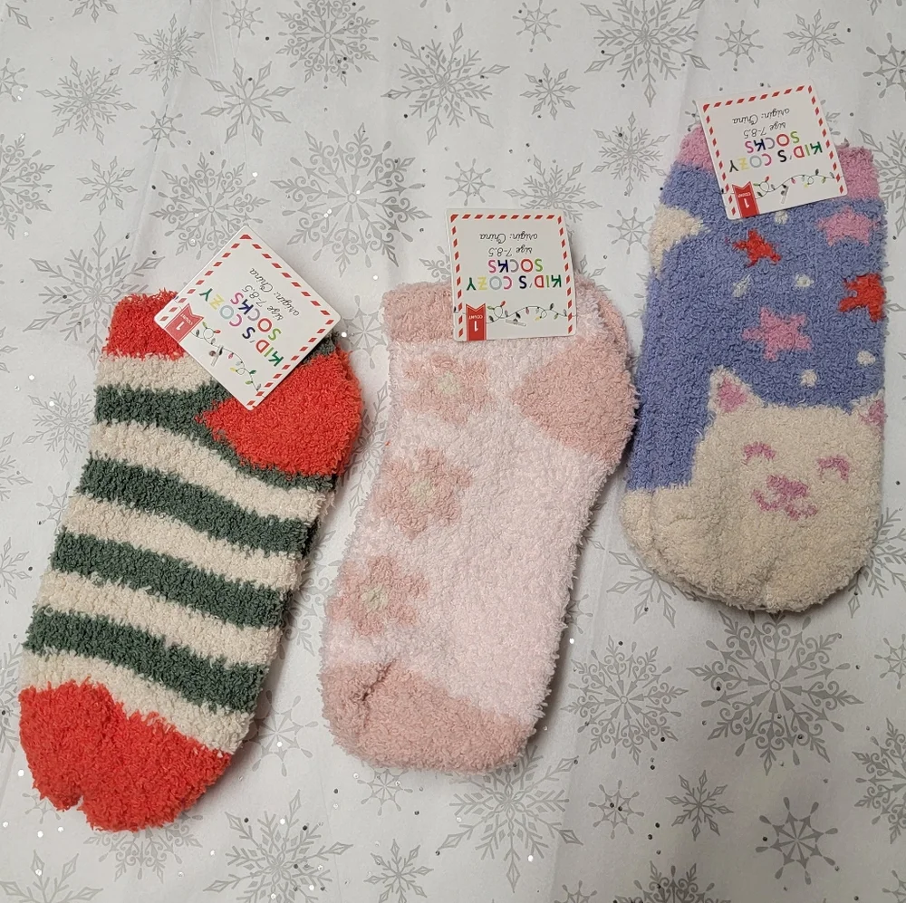Kid's Cozy Socks Three Pairs of Fuzzy Socks Festive Winter Holiday Stripe Floral